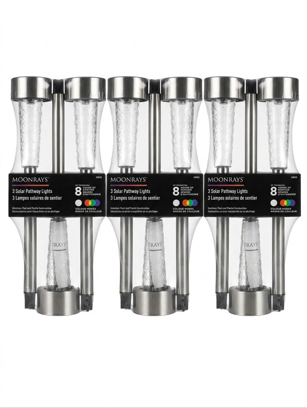3 × 3-Pack Stainless Steel White/Colour Solar LED Stake Lights, 9 Stakes Total